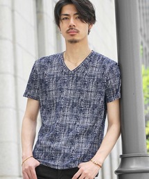 モザイクチェック半袖VネックTシャツ メンズ 秋服