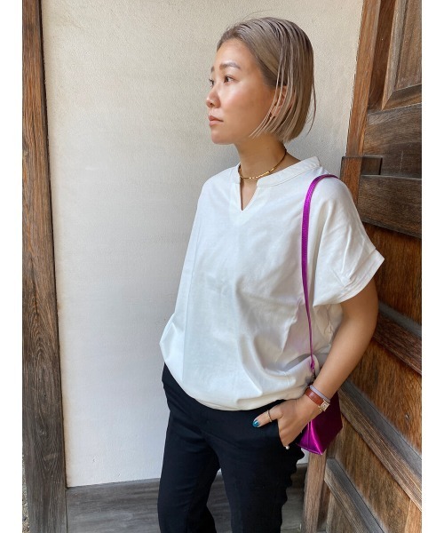 HEILIS(ヘイリス)の「《hideka select》キーネックフレンチスリーブカットソー / キーネック フレンチスリーブ カットソー Tシャツ(Tシャツ/カットソー・レディース・チャコールグレー/アイボリー・FREE)」の8枚目の写真