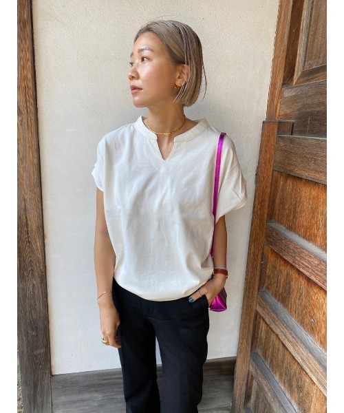 HEILIS(ヘイリス)の「《hideka select》キーネックフレンチスリーブカットソー / キーネック フレンチスリーブ カットソー Tシャツ(Tシャツ/カットソー・レディース・チャコールグレー/アイボリー・FREE)」の10枚目の写真
