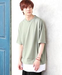 梨地 フェイクレイヤード 半袖 Tシャツ 重ね着風
