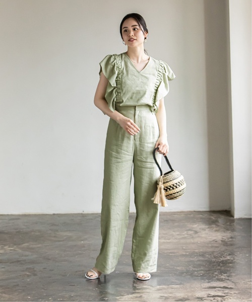 Noble(ノーブル)の「《追加》リネンラッフルスリーブブラウス(シャツ/ブラウス・レディース・ネイビー/ライトグリーン・FREE)」の3枚目の写真