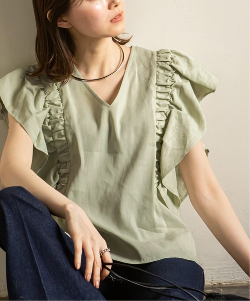 Noble(ノーブル)の「《追加》リネンラッフルスリーブブラウス(シャツ/ブラウス・レディース・ネイビー/ライトグリーン・FREE)」の5枚目の写真