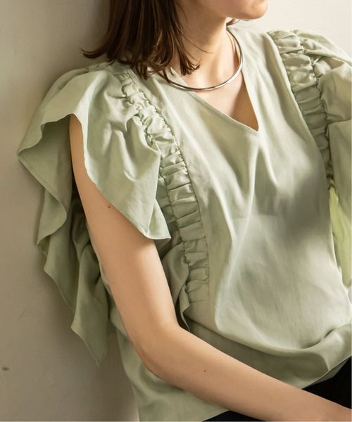 Noble(ノーブル)の「《追加》リネンラッフルスリーブブラウス(シャツ/ブラウス・レディース・ネイビー/ライトグリーン・FREE)」の6枚目の写真