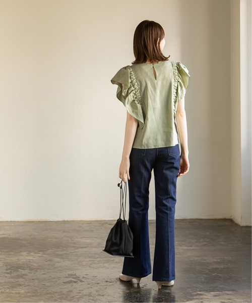 Noble(ノーブル)の「《追加》リネンラッフルスリーブブラウス(シャツ/ブラウス・レディース・ネイビー/ライトグリーン・FREE)」の8枚目の写真