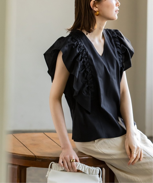 Noble(ノーブル)の「《追加》リネンラッフルスリーブブラウス(シャツ/ブラウス・レディース・ネイビー/ライトグリーン・FREE)」の11枚目の写真