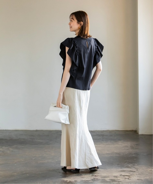 Noble(ノーブル)の「《追加》リネンラッフルスリーブブラウス(シャツ/ブラウス・レディース・ネイビー/ライトグリーン・FREE)」の12枚目の写真