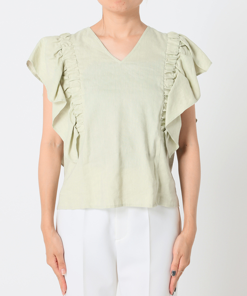 Noble(ノーブル)の「《追加》リネンラッフルスリーブブラウス(シャツ/ブラウス・レディース・ネイビー/ライトグリーン・FREE)」の13枚目の写真