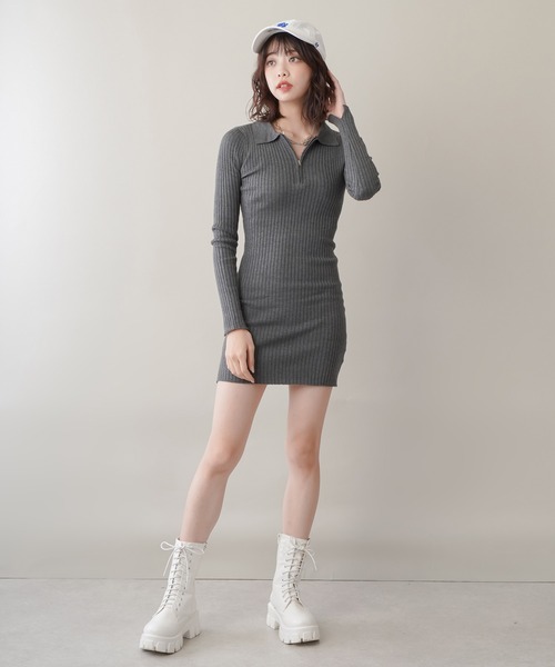 SPINNS(スピンズ)の「襟付きジップアップデザイン タイトミニワンピース(ワンピース・レディース・ボルドー/杢グレー/ブラウン/グリーン/ブラック・ONESIZE)」の11枚目の写真