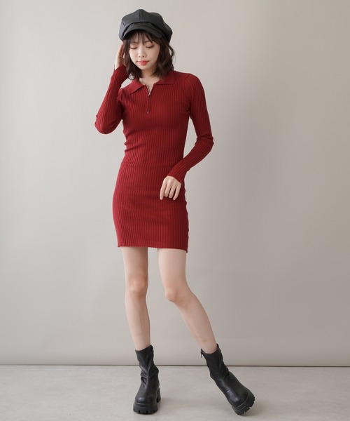 SPINNS(スピンズ)の「襟付きジップアップデザイン タイトミニワンピース(ワンピース・レディース・ボルドー/杢グレー/ブラウン/グリーン/ブラック・ONESIZE)」の21枚目の写真