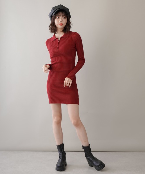 SPINNS(スピンズ)の「襟付きジップアップデザイン タイトミニワンピース(ワンピース・レディース・ボルドー/杢グレー/ブラウン/グリーン/ブラック・ONESIZE)」の22枚目の写真