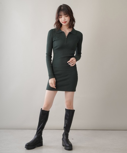 SPINNS(スピンズ)の「襟付きジップアップデザイン タイトミニワンピース(ワンピース・レディース・ボルドー/杢グレー/ブラウン/グリーン/ブラック・ONESIZE)」の19枚目の写真