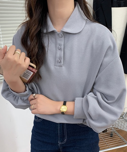 ECLIN(エクラン)の「ポロ襟ボリュームスリーブワッフルトップス(Tシャツ/カットソー・レディース・ホワイト/ブラック/ベージュ/グレー・FREE)」の4枚目の写真