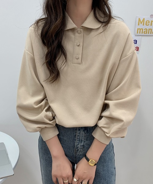 ECLIN(エクラン)の「ポロ襟ボリュームスリーブワッフルトップス(Tシャツ/カットソー・レディース・ホワイト/ブラック/ベージュ/グレー・FREE)」の5枚目の写真