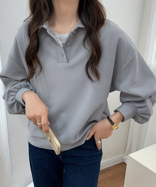 ECLIN(エクラン)の「ポロ襟ボリュームスリーブワッフルトップス(Tシャツ/カットソー・レディース・ホワイト/ブラック/ベージュ/グレー・FREE)」の12枚目の写真