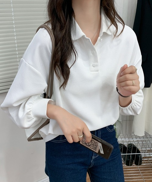 ECLIN(エクラン)の「ポロ襟ボリュームスリーブワッフルトップス(Tシャツ/カットソー・レディース・ホワイト/ブラック/ベージュ/グレー・FREE)」の7枚目の写真
