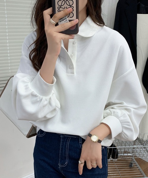 ECLIN(エクラン)の「ポロ襟ボリュームスリーブワッフルトップス(Tシャツ/カットソー・レディース・ホワイト/ブラック/ベージュ/グレー・FREE)」の13枚目の写真