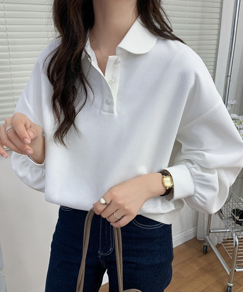 ECLIN(エクラン)の「ポロ襟ボリュームスリーブワッフルトップス(Tシャツ/カットソー・レディース・ホワイト/ブラック/ベージュ/グレー・FREE)」の10枚目の写真