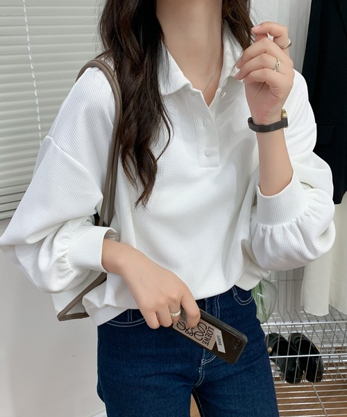 ECLIN(エクラン)の「ポロ襟ボリュームスリーブワッフルトップス(Tシャツ/カットソー・レディース・ホワイト/ブラック/ベージュ/グレー・FREE)」の16枚目の写真