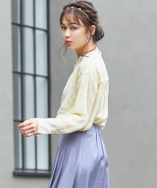 名作 新品 Iconic ロングブラウス ドッキング プリーツ S 異素材 白 トップス