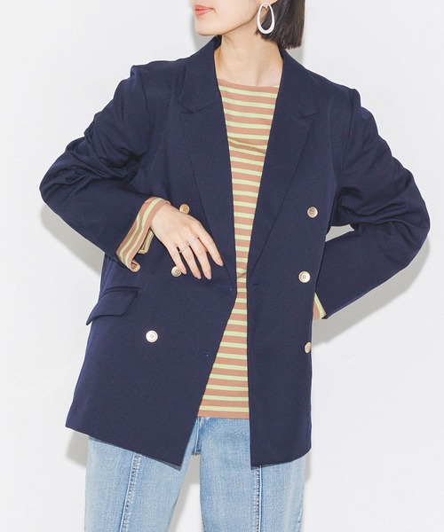 hunch(ハンチ)の「【撥水加工】ダブルジャケット(テーラードジャケット・レディース・ネイビー/グレイッシュベージュ・FREE)」の2枚目の写真