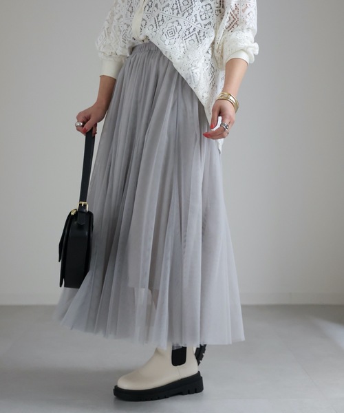 ap retro(アプレトロ)の「チュールパネルロングスカート(スカート・レディース・グレー/アイボリー/ブラック・FREE)」の19枚目の写真