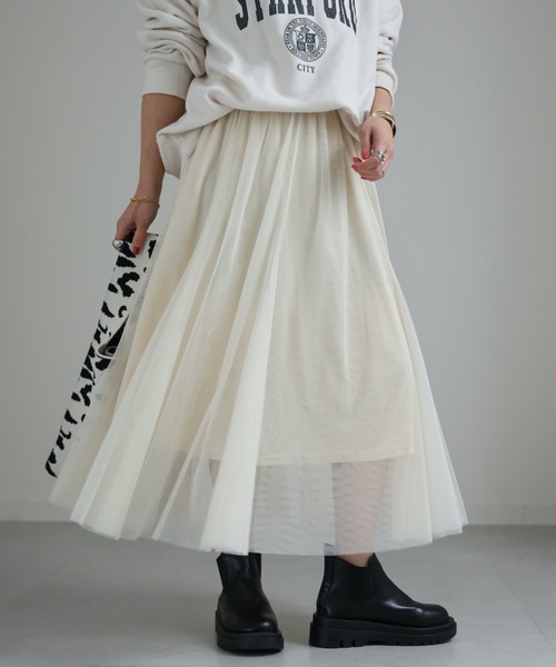 ap retro(アプレトロ)の「チュールパネルロングスカート(スカート・レディース・グレー/アイボリー/ブラック・FREE)」の11枚目の写真