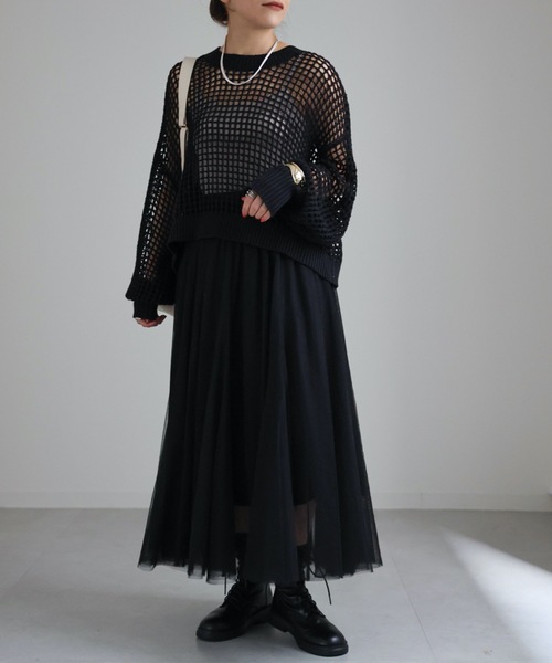 ap retro(アプレトロ)の「チュールパネルロングスカート(スカート・レディース・グレー/アイボリー/ブラック・FREE)」の13枚目の写真