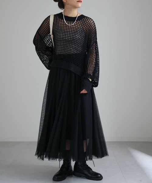 ap retro(アプレトロ)の「チュールパネルロングスカート(スカート・レディース・グレー/アイボリー/ブラック・FREE)」の18枚目の写真