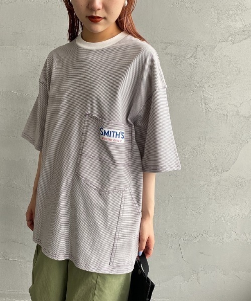 SMITH'S（スミス）の「[SMITH'S/スミス] 別注 ペインターポケットTシャツ（Tシャツ/カットソー・レディース・ネイビー×ホワイト/ホワイト/グレー×ホワイト/ベージュ/ネイビー・S/M/L）」の2枚目の写真