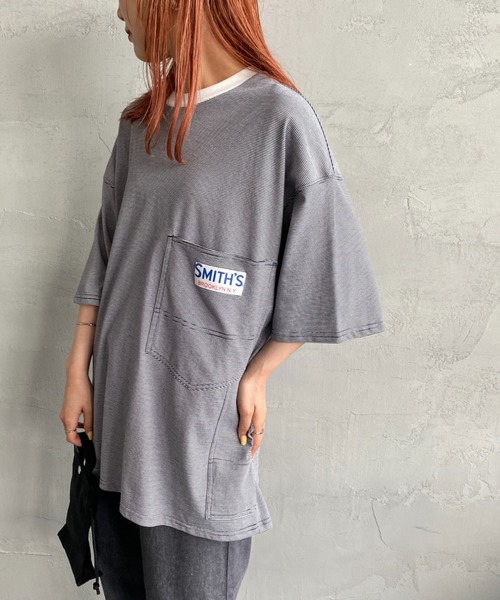 SMITH'S（スミス）の「[SMITH'S/スミス] 別注 ペインターポケットTシャツ（Tシャツ/カットソー・レディース・ネイビー×ホワイト/ホワイト/グレー×ホワイト/ベージュ/ネイビー・S/M/L）」の5枚目の写真