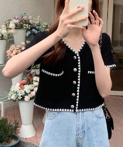 SpRay（スプレイ）の「配色カーディガン（カーディガン/ボレロ・レディース・ブラック/ホワイト・FREE）」の2枚目の写真