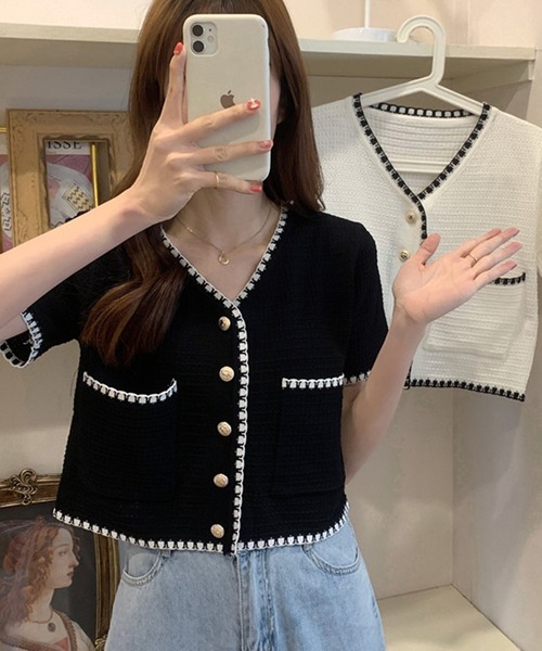 SpRay（スプレイ）の「配色カーディガン（カーディガン/ボレロ・レディース・ブラック/ホワイト・FREE）」の8枚目の写真