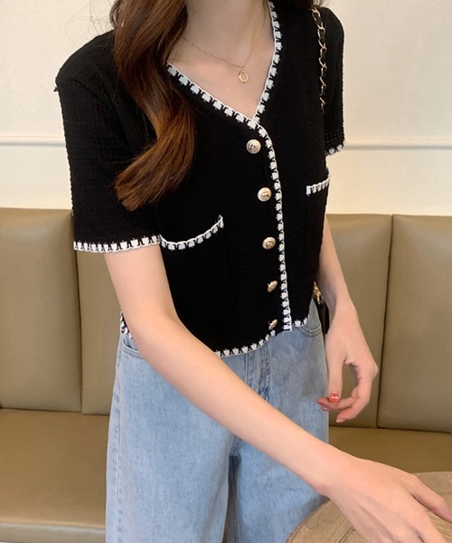 SpRay（スプレイ）の「配色カーディガン（カーディガン/ボレロ・レディース・ブラック/ホワイト・FREE）」の9枚目の写真