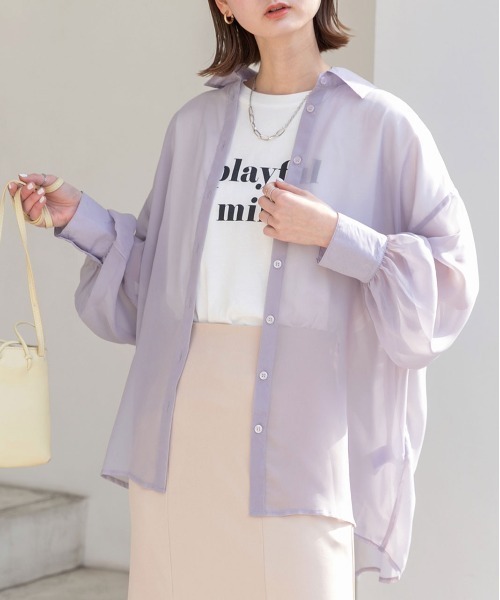 ad thie(アドティエ)の「ビッグシルエット カラーシアーシャツ(シャツ/ブラウス・レディース・ライトグレー/オレンジ/ブルー/オフホワイト/グリーン/ピンク/パープル/ブラック・MEDIUM/LARGE)」の6枚目の写真