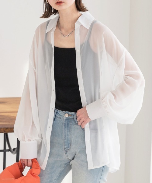 ad thie(アドティエ)の「ビッグシルエット カラーシアーシャツ(シャツ/ブラウス・レディース・ライトグレー/オレンジ/ブルー/オフホワイト/グリーン/ピンク/パープル/ブラック・MEDIUM/LARGE)」の2枚目の写真