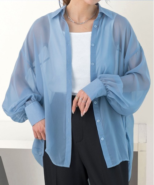 ad thie(アドティエ)の「ビッグシルエット カラーシアーシャツ(シャツ/ブラウス・レディース・ライトグレー/オレンジ/ブルー/オフホワイト/グリーン/ピンク/パープル/ブラック・MEDIUM/LARGE)」の5枚目の写真