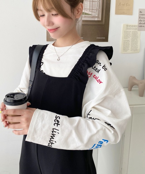 moment+（モーメントプラス）の「カットジョーゼットショルダーフリルオールインワン（つなぎ/オールインワン・レディース・ピンク/グレイッシュベージュ/ブラック/チャコールグレー・M/L）」の10枚目の写真