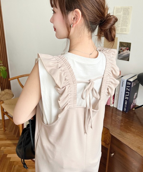 moment+（モーメントプラス）の「カットジョーゼットショルダーフリルオールインワン（つなぎ/オールインワン・レディース・ピンク/グレイッシュベージュ/ブラック/チャコールグレー・M/L）」の19枚目の写真