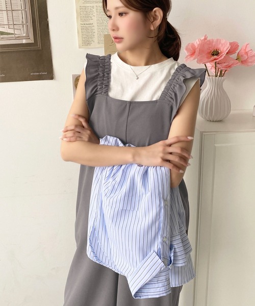 moment+（モーメントプラス）の「カットジョーゼットショルダーフリルオールインワン（つなぎ/オールインワン・レディース・ピンク/グレイッシュベージュ/ブラック/チャコールグレー・M/L）」の12枚目の写真