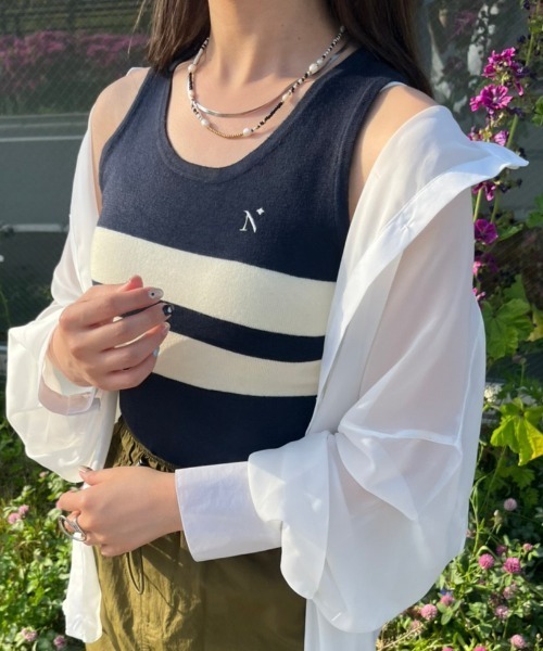 nemne store（ネンネストア）の「【低身長用サイズあり】刺繍入りラインニットタンクトップ（タンクトップ・レディース・ネイビー/グリーン・SMALL/MEDIUM）」の14枚目の写真