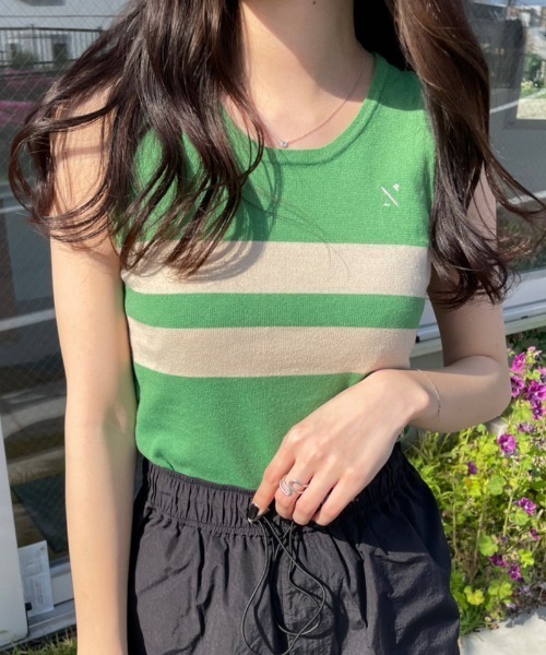 nemne store（ネンネストア）の「【低身長用サイズあり】刺繍入りラインニットタンクトップ（タンクトップ・レディース・ネイビー/グリーン・SMALL/MEDIUM）」の13枚目の写真