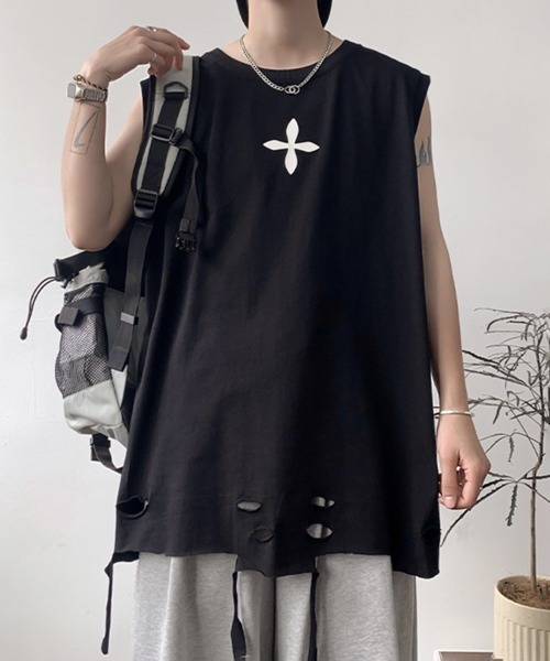 NOWLE（ノウル）の「【NOWLE】ダメージ加工 ブレイク ワンポイント ノースリーブ（タンクトップ・メンズ・ホワイト/ブラック・MEDIUM/X-LARGE/LARGE）」の7枚目の写真