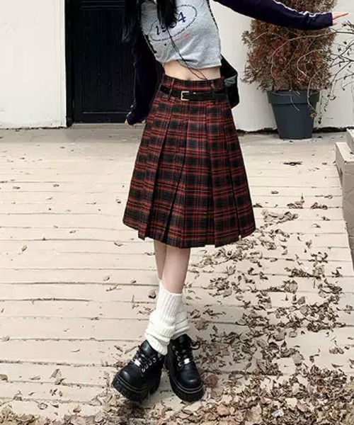 haek check pleated skirt チェック柄プリーツスカート Check Pleats Skirt with Belt / チェック柄 プリーツスカート