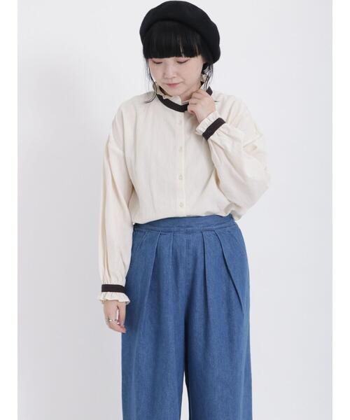 Samansa Mos2（サマンサ モスモス）の「スタンド襟フリル配色ブラウス（シャツ/ブラウス・レディース・イエロー/ベージュ/キナリ/チャコールグレー・F）」の13枚目の写真