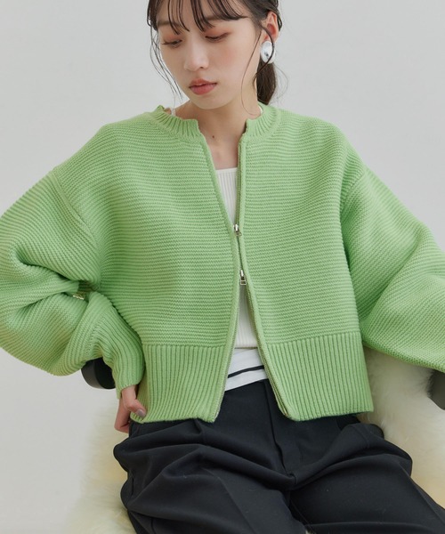 ニットカーデガン ラメシャギー カジュアルニット Wジップスタンドカーディガン