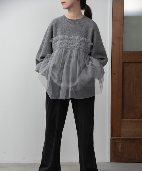 I_am（アイアム）の「tulle docking flare knit / チュールドッキングフレアニット（ニット/セーター・レディース・ブラック/グレー/アイボリー・FREE）」の21枚目の写真