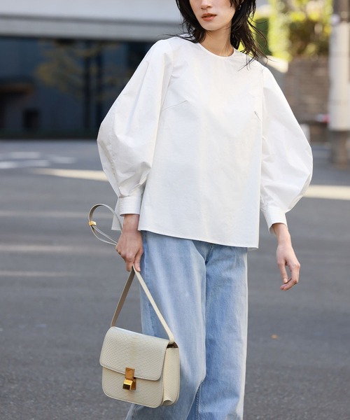 セール】ラウンドボリューム袖ブラウス【綿100％使用】（シャツ