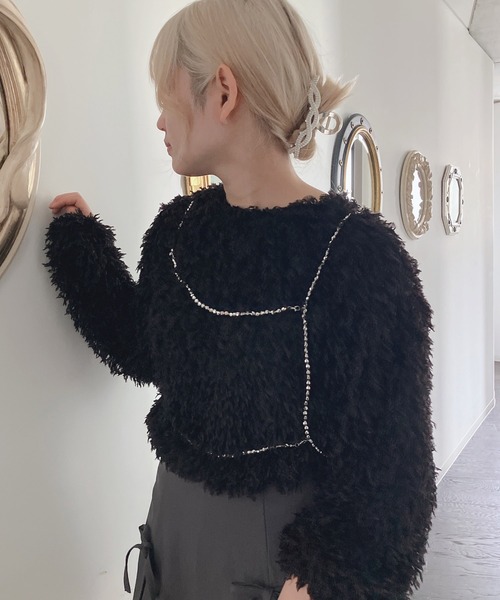 AS KNOW AS plus(アズノゥアズプラス)の「◎フリンジシャギージャガードプルオーバー(Tシャツ/カットソー・レディース・アイボリー/ブルーグレー/ブラック・FREE)」の6枚目の写真