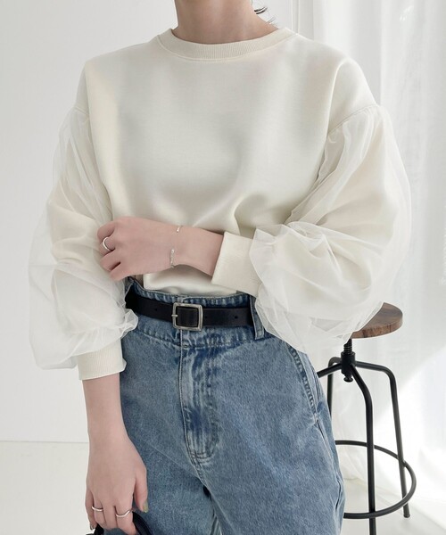 fredy emue(フレディエミュ)の「袖チュールポンチプルオーバー(Tシャツ/カットソー・レディース・アイボリー/カーキ/チャコールグレー・38)」の11枚目の写真