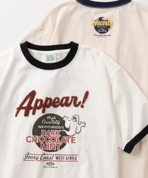 【POWER TO THE PEOPLE/パワー トゥザ ピープル】ゴースト&レコード キャラクターイラスト プリント+刺繍デザイン リンガーTシャツ/半袖Tシャツ